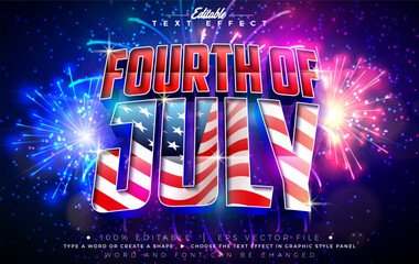 Plakat Fourth of July Independence Day Editable Text Effect Graphic Style with American Flag in 3d Typography on Fireworks Background. Vector Memorial or Veteran Day Customizable Illustration Template