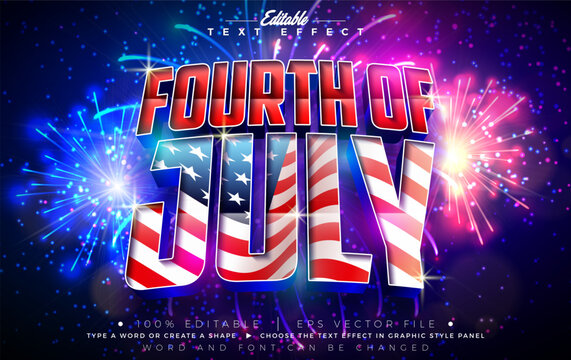 Fourth of July Independence Day Editable Text Effect Graphic Style with American Flag in 3d Typography on Fireworks Background. Vector Memorial or Veteran Day Customizable Illustration Template