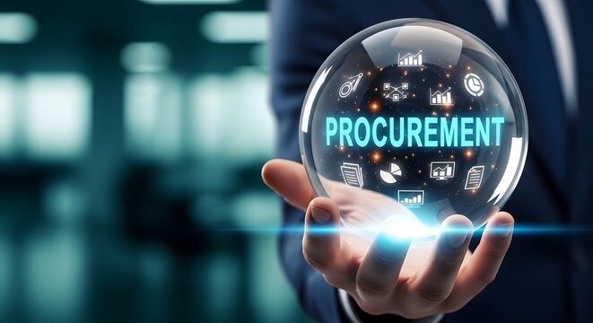 Procurement concept hand holding crystal ball with digital procurement icons