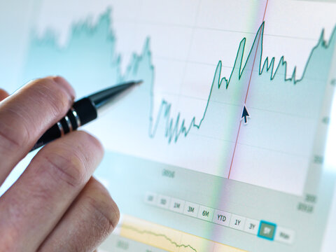 Hand of a stock broker analysing line graph on computer screen