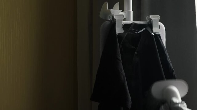 A black polo shirt is secured with clips on a vertical ironing board during steaming. The garment care process using hot steam is shown against a dark background