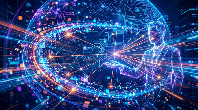 Futuristic glowing holographic circuit board projected over modern city background while corporate businessman manipulates digital network connections during virtual interactive 3d rendering session