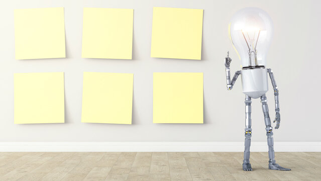 Light bulb manikin standing by row of yellow sticky notes
