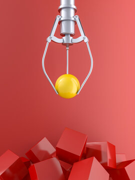 3D rendering, Claw holding yellow ball over pile of red cubes