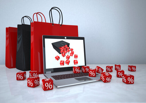 3d illustration, Online shopping, notebook with shopping bags and red cubes
