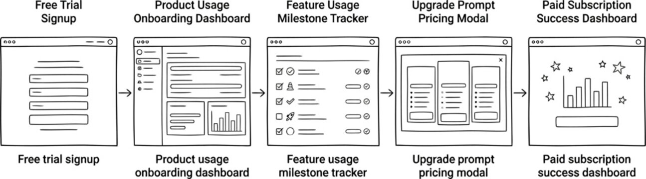 hand drawn saas product adoption workflow illustration with free trial signup feature nudges upgrade prompts product education and paid subscription conversion sketch concept