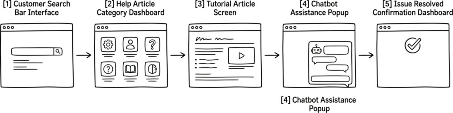 hand drawn saas customer onboarding workflow illustration with welcome interface feature walkthrough tutorial guidance contextual assistance and activation success sketch concept
