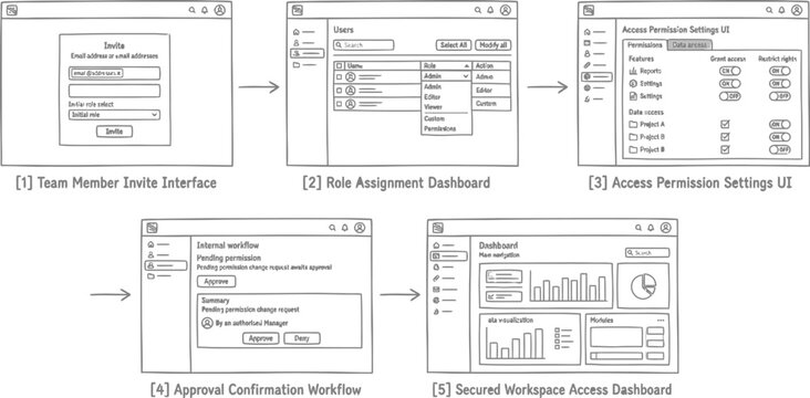 hand drawn saas product architecture workflow illustration with user interface admin dashboard permission management collaborative workspace and analytics system sketch concept