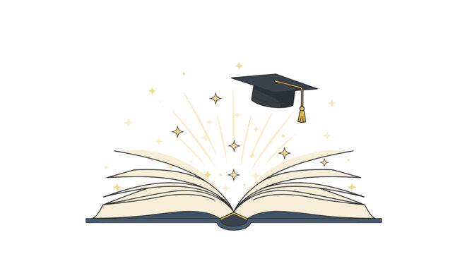 Vector illustration of an open ancient hardcover book with mystical golden light and glowing particles emanating from pages, fantasy spellbook or fairytale storybook concept.
