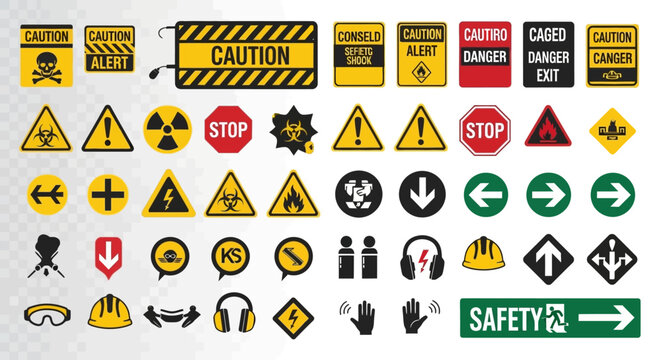 Collection of warning and safety signs.