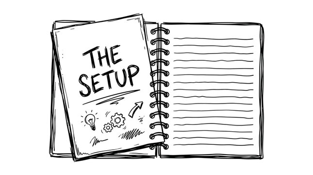 Notebook with blank pages and setup.