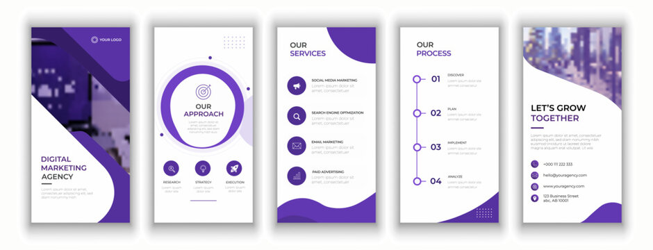 Corporate business strategy plan presentation mobile layout template set with minimalist blue geometric abstract shapes, roadmap timeline, and key metrics.