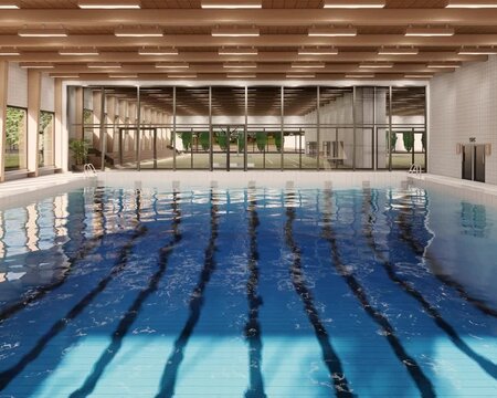 Indoor swimming pool interior 3d animation video render, modern architecture with big transparent glass panoramic window, wood ceiling, and water reflection