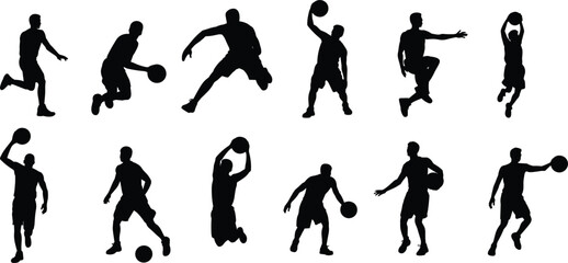 Black basketball player silhouettes set, athletes dribbling, jumping, shooting, and dunking balls, isolated on white background, sports action vector collection. © Mst