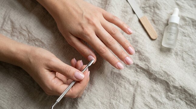 Woman hands doing self care manicure, pushing back cuticles with a metal tool, with cuticle oil and a nail file on a light fabric background.