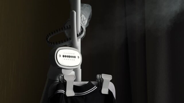 A vertical garment steamer with a stream of thick white steam is mounted on a stand next to black clothing. The modern device is ready for disinfecting and removing wrinkles from fabric at home