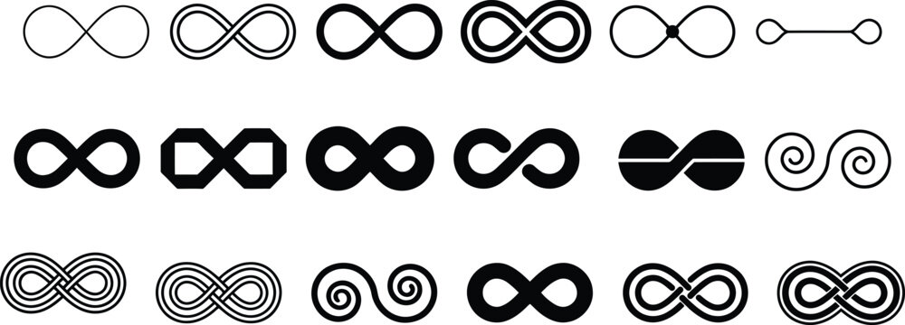 Collection of infinity symbols and variations in black and white