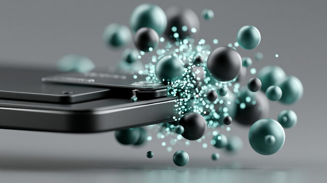 Mobile POS Security: Extreme macro of a payment card tapping a sleek black terminal, a bright shockwave of glowing teal data nodes expanding from the contact point