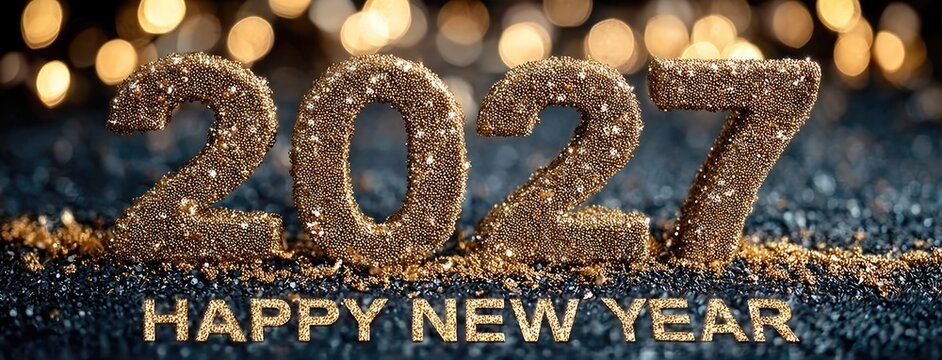 Golden 2027 Happy New Year Celebration with Glitter and Festive Bokeh Lights