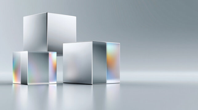 Iridescent Prism Flow: Futuristic 3D glass prisms casting soft spectrum colors across a clean grey floor, a subtle holographic typography overlay showing random data bytes