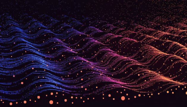 An abstract fractal background featuring purple and blue glowing lines that create a neon wave pattern across a dark space backdrop, blending vector energy with a modern wallpaper design
