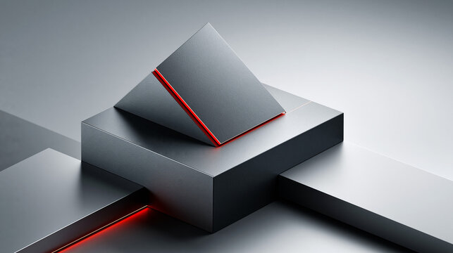 The Risk Horizon: A flat abstract design featuring dark slate gray blocks layered like a mountain range, a thin neon red trend line overlay cutting across the peaks, clean negative space