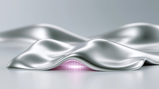 Ambient Computing Fluid: Molten chrome liquid waves flowing smoothly, reflecting a violet grid light from an unseen screen, a technical data overlay softly mapped onto the metal waves