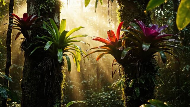 Vibrant bromeliad plants growing on tree trunks with sunbeams in a lush rainforest jungle atmosphere