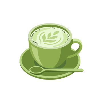 Matcha green tea cup and saucer vector, hot milk tea with foam illustration