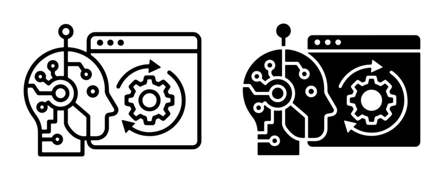 Artificial Intelligence Workflow Icon Set, AI Machine Learning Process, Neural Network Automation, Digital Brain Technology, Data Processing System