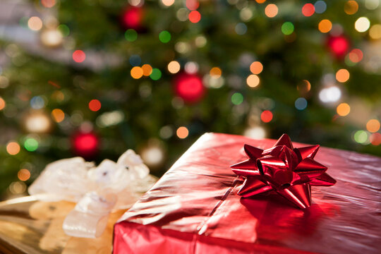 Red christmas gift, close up