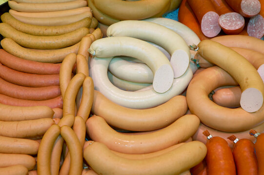 Various sausages, elevated view, close-up