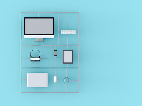 Electronic devices, computer, laptop, keyboard, tastatur, mouse, tablet-pc, mobile phone, smartwatch, virtual reality glasses, 3D-Rendering