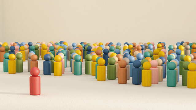 3D rendering of game pieces with one standing out from the crowd