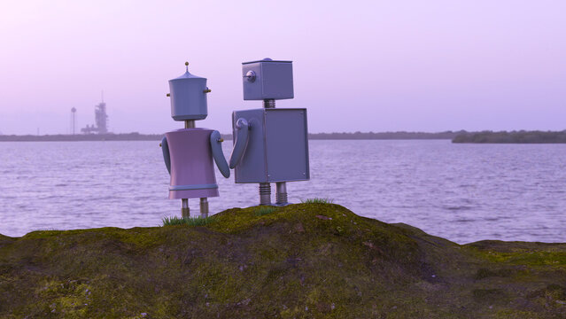 Robot couple at the coast looking at the sea, 3d rendering