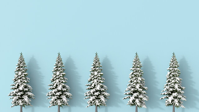 3D rendering, Row of snow covered fir trees blue on background