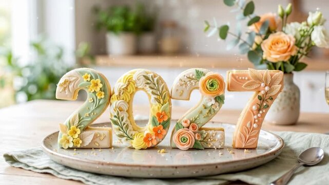 Decorated gingerbread cookies shaped as 2027 numeral. Festive new year dessert with floral icing and pastel colors