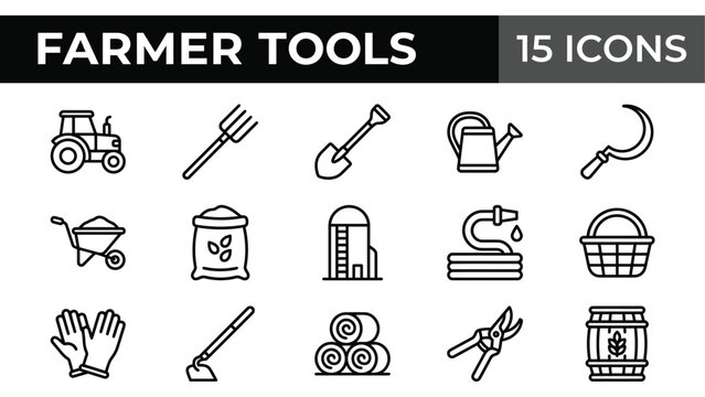 Farmer tools icon set, 15 agriculture line icons, gardening equipment vector symbols, farming industry outline graphics