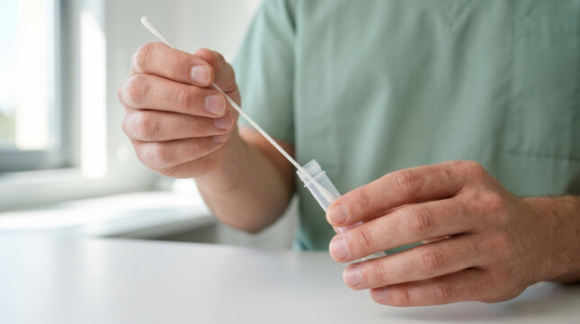 Test tube virus swab sample lab healthcare clinical hands medical worker holding swab above test tube during. Disease infection pandemic epidemic. scientist laboratory research, diagnostic sample
