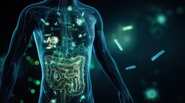 Futuristic medical visualization of healthy and unhealthy gut microbiome inside intestines, glowing bacteria ecosystems, semi transparent human