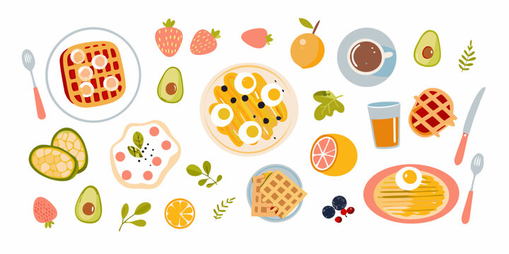breakfast items illustration with fruit waffles and coffee