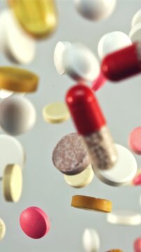 A bunch of different medical pills in flight. On a gray background. Filmed is slow motion 1000 fps.