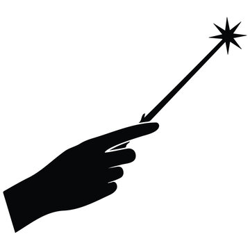 Minimalist hand holding magic wand vector silhouette illustration with pointed star light.