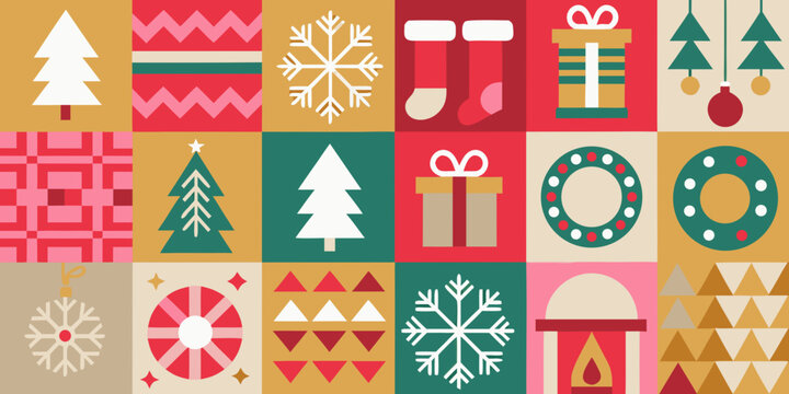 colorful christmas pattern with festive holiday elements and geometric shapes