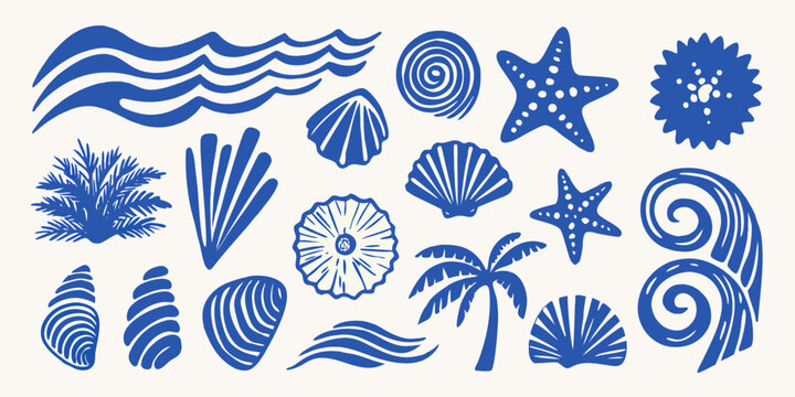 blue seashells starfish and waves vector illustration