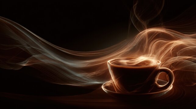 Luxury coffee cup with elegant airflow visualization showing warm aroma rising in flowing abstract lines, dark cozy atmosphere, sensory experience