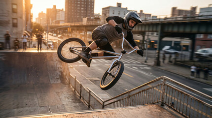 Fototapeta premium Bmx rider performing a trick at an urban skate park.