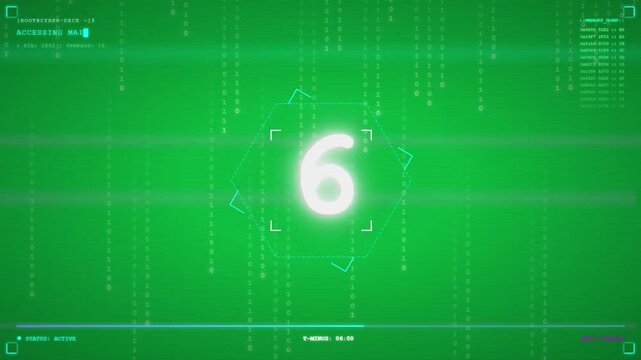 Futuristic cyber countdown timer displaying numbers on a green screen interface