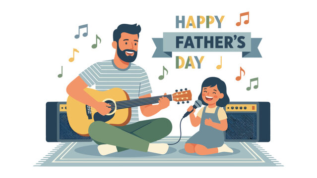 A Father's Day Jam Session: A joyful father strums his guitar while his daughter sings enthusiastically into a microphone, celebrating Father's Day with music and laughter.