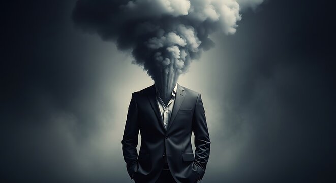 Man in Suit Head Exploding into Dark Smoke Clouds Concept